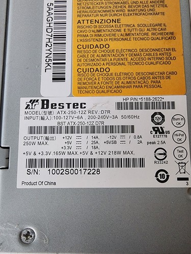 Bestec HP | 250W Desktop Power Supply PSU | ATX-250-12Z | 5188-2622 - Picture 2 of 6