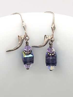 Sterling Silver 925 Accent. Drop Earrings crystals Color  purple