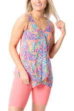 Denim  Co. Beach V-Neck Handkerchief Tankini Bike Short Multi Coral