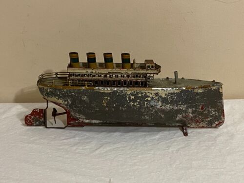 Antique Carette Four Stack Ocean Liner Large Tin Wind-up Toy Ship ai-15 - Picture 2 of 7