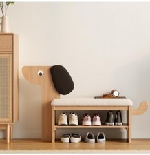 2-Tier Wooden Entry Bench with Cushion, Shoe Storage Bench w/Shelf, Puppy Design