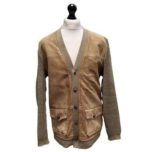 Vintage Suede Cardigan Jacket 60s Glenhusky Green Brown Knitted Wool M