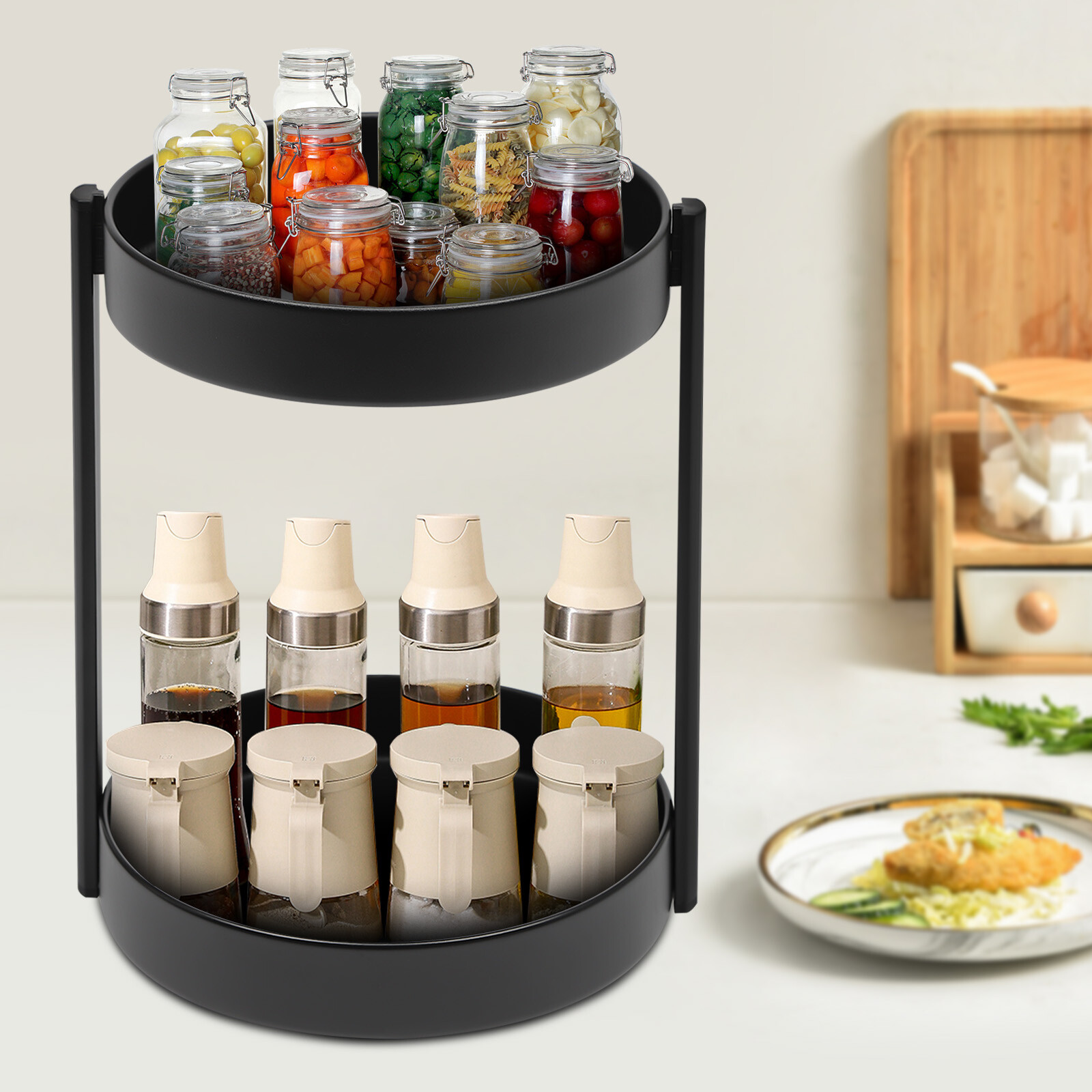 Gewürzregal Drehteller Organizer 360° Drehbar Stehend Gewürz Regal Schwarz