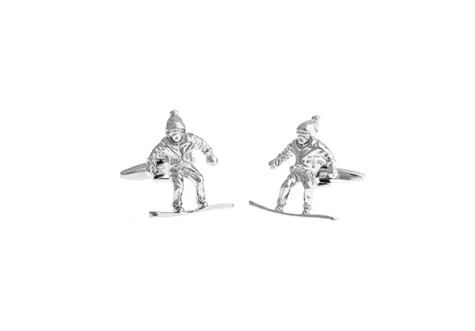 Par de gemelos de snowboarder plateados nieve boda elegante caja de regalo y paño de pulido Foto 2 de 3