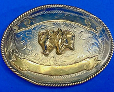 Vintage 4" Three Horse Head's On Alpaca Mexico Belt Buckle Blank Trophy Scroll