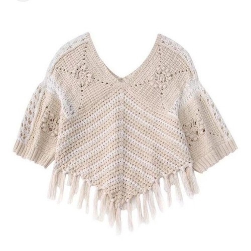ZARA BEIGE ECRU FRINGED KNIT PONCHO SIZE M - Picture 13 of 16
