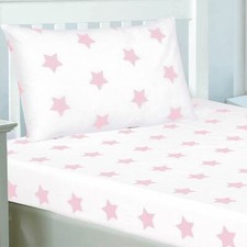 STARS PINK AND WHITE DOUBLE FITTED SHEET AND PILLOWCASE SET POLYCOTTON
