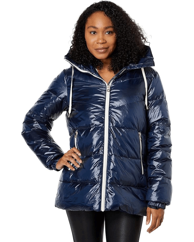 Kate Spade Women's NWT Blue Metallic Hooded Zip Front Down Jacket Coat Large thumbnail 3