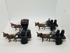 Vintage Lot Of 4 Wooden Wagons Pulled By Celluloid Leather Wrapped Donkeys Rare