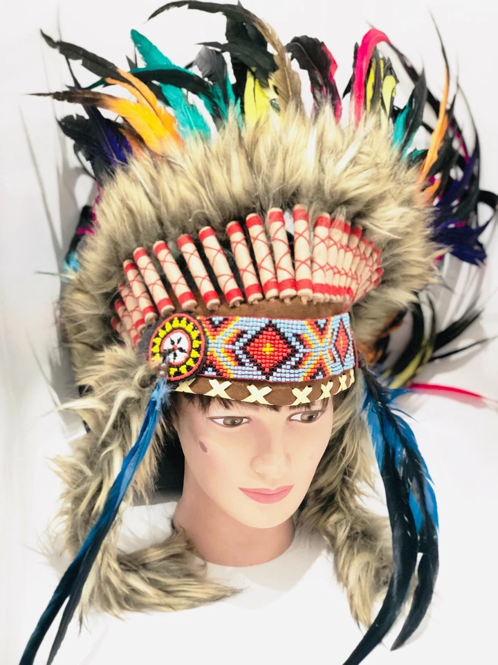 Indian Headdress Native American Feather Head Dress Large Rainbow Headdress - Image 3 of 4