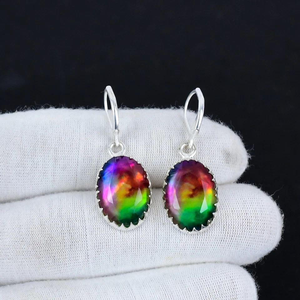 Elegant Ammolite Gemstone Handmade 925 Sterling Silver Earrings For Women Gifts - Image 2 of 4
