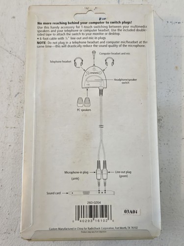 Computer Headphone Speaker Switch Radio Shack New - Afbeelding 2 van 2