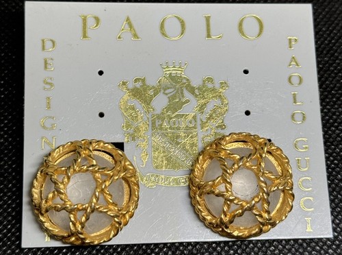 Vtg Paolo Gucci Earrings Caged Faux Pearl Chunky Gold Clip On Mabe 1” NWT signed