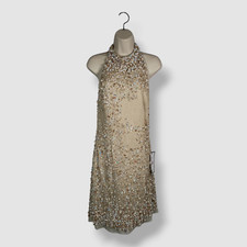 Adrianna Papell Women's Beige Beaded Halter Party Dress Size 14