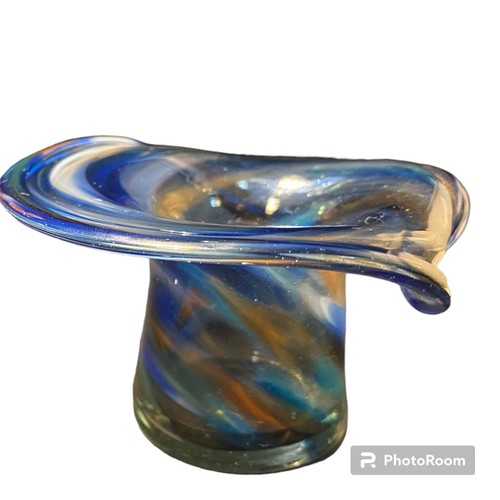 Blue Art Glass Candle Holder 4 1/4” Wide, 2 1/4” Tall - Picture 5 of 6