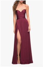 LA FEMME STRAPLESS JERSEY THIGH SLIT SATIN DARK BERRY GOWN sz 4