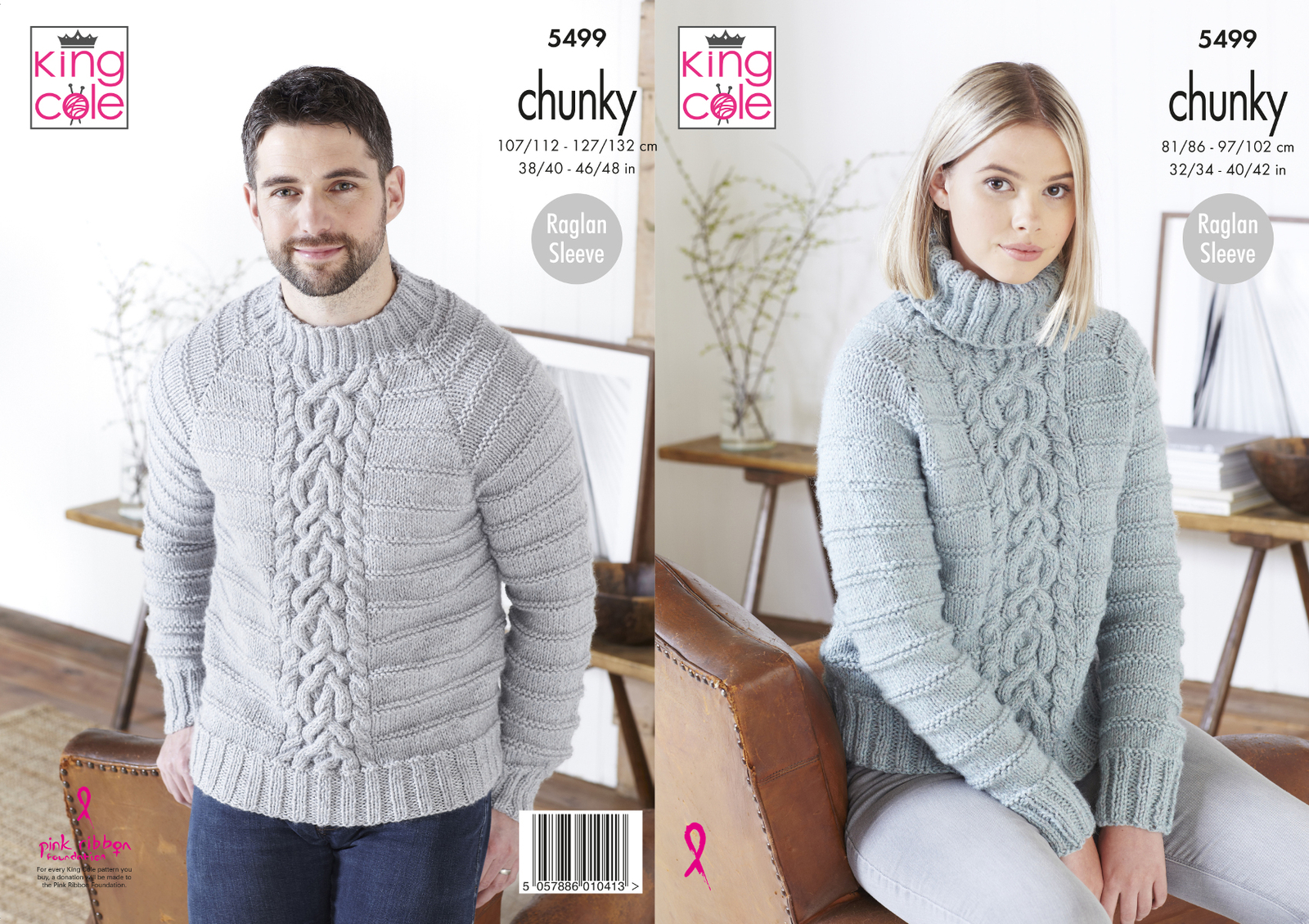Womens & Mens Knitting Pattern Cable Knit Jumper Sweater King Cole Chunky 5499