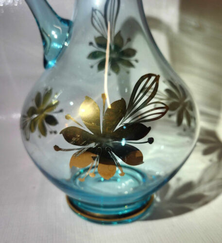 Romanian Vintage Blue Glass Decanter with 6 Cordial Glasses Gold Floral Design - Picture 4 of 12