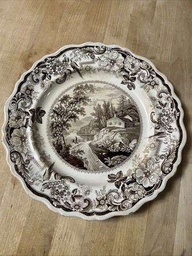 Antique Brown Transfer Decorated Plate, Views Near Fishkill, Hudson River 1830s