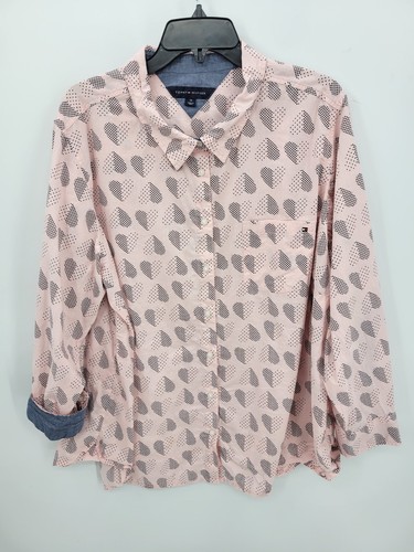 Tommy Hilfiger Shirt Damen Plus 2X Rosa Gepunktet Herzen Knopfleiste Langarm