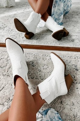 New Ivory Faux Pearl Cowboy/Cowgirl Western Ankle Boots Booties 3'' Block Heel