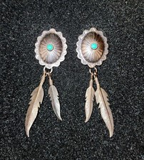 VINTAGE NAVAJO STAMM STERLINGSILBER CONCHO + TÜRKIS STEIN OHRHÄNGER