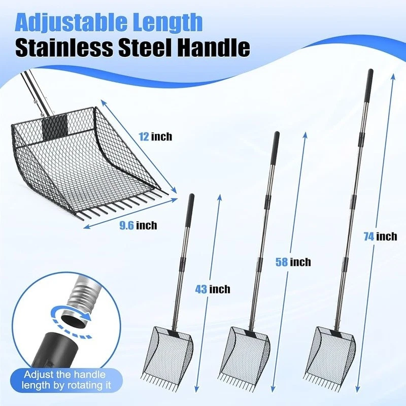 Rastrillo cuchara para caca de pollo 2 en 1 ajustable mango de acero inoxidable herramienta de jardín Foto 4 de 4