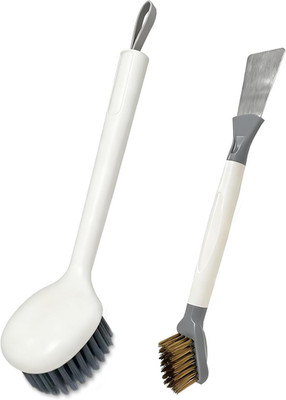 2-Piece Set Handheld Dish Brush with Brass Scrubber and Steel Scraper for Stubbo