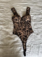 Windsor Nude & Black Velvet Floral Mesh Bodysuit XS Bustier Corset Top