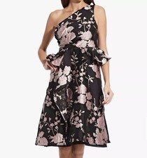 NWT Adrianna Papell One Shoulder Dress Black & Pink Floral Jacquard Size 14 NEW