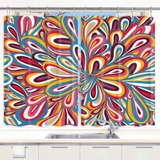 Abstract Colourful Boho Kitchen Curtains Window Drapes 2 Panel Set with Hooks