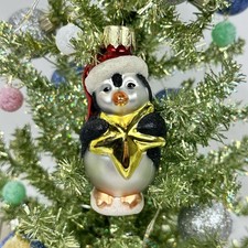 Penguin Christmas Glass Ornament Hand Crafted Authentic Collection Santa Hat