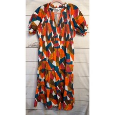THML Geometric Abstract Smocked Tiered Midi Dress Orange Multi FTM2411-WH L