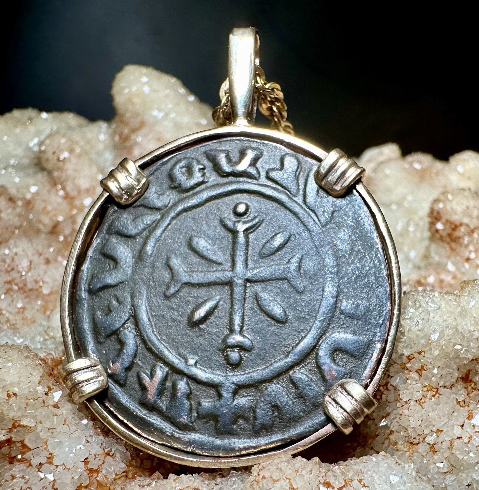 Genuine Large 13th Century Christian Crusader Coin In 14k Yellow Gold Filled