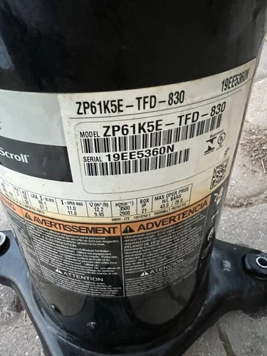 COPELAND SCROLL COMPRESSOR model ZP61K5E -TFD-830 year 2019 - 460v -3 phase