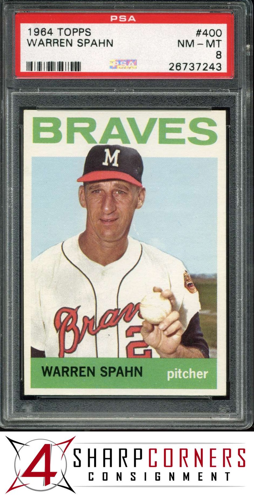 1964 TOPPS #400 WARREN SPAHN BRAVES HOF PSA 8