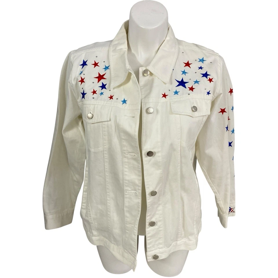 Quacker Factory Jacket Womens Sz Large Patriotic Angel Folk Art Americana Cotton - Image 2 of 4