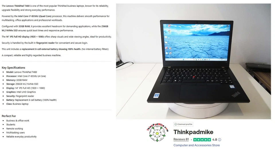 Lenovo ThinkPad T480 · i7-8550U · 32GB · 256GB, photo 2 of 5