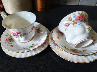 Royal Albert Moss Rose Bone China Floral Coffee Cup & Saucer Set Gold Trim