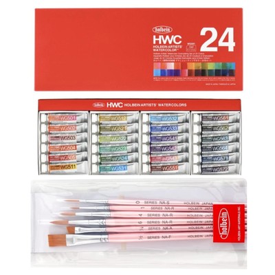 Holbain WG591  Paint 5ml G Colors 24 +Watercolor/Acrylic Brush NA 6-piece Fedex