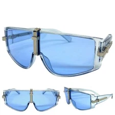 Classic Retro Futuristic Modern Contemporary Shield Wrap SUN GLASSES Blue Frame