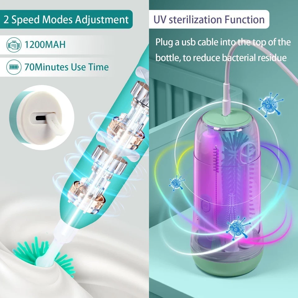 Juego de Cepillos Eléctricos de Silicona para Biberón con Cepillo/2 Modos Limpiador Giratorio 360° Foto 3 de 4
