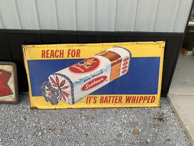 Vintage 1966 LARGE 71'' x 36'' SUNBEAM Bread Metal Sign W/Loaf GAS OIL SODA COLA