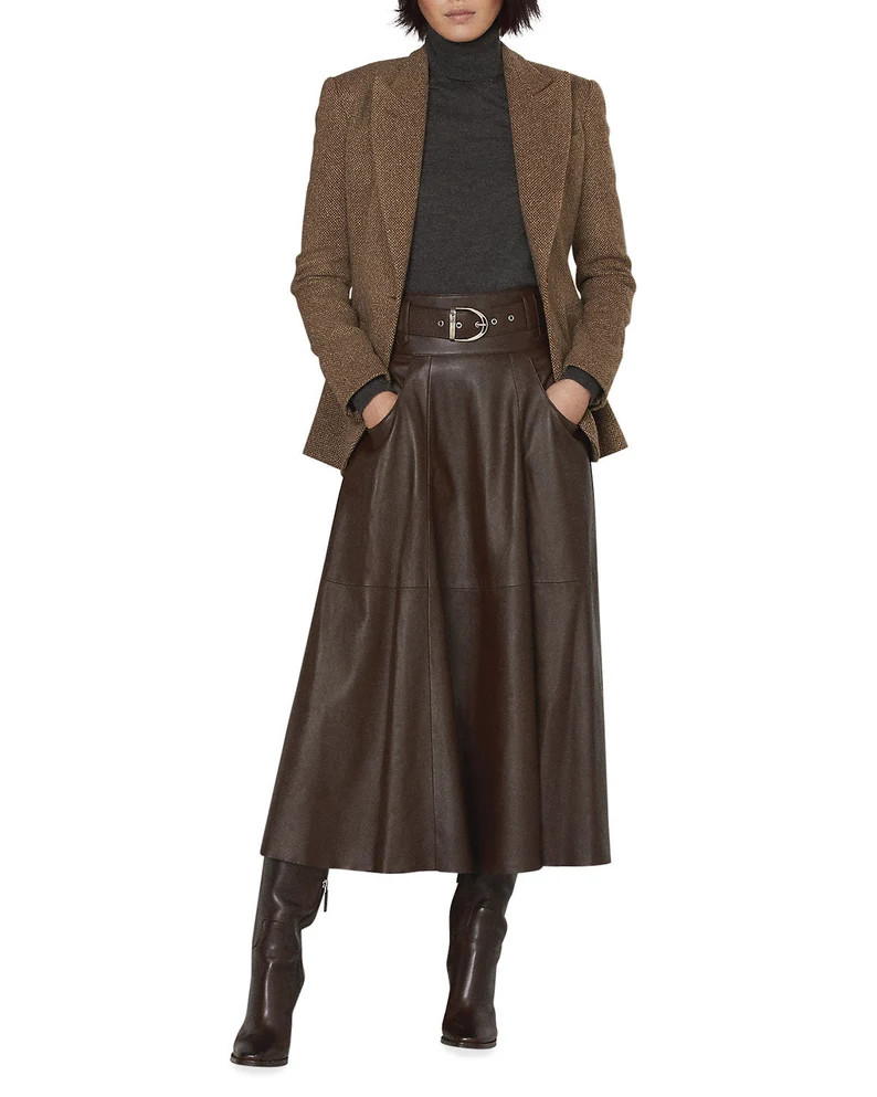 Falda larga acampanada de piel de cordero de cuero genuino para mujer Falda hecha a medida