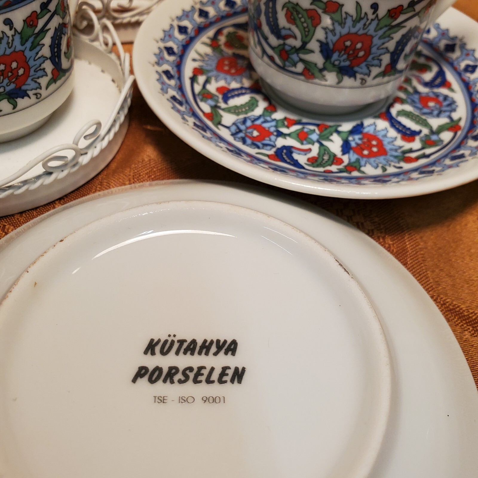 Porcelain Kutahya - 2 Demitasse Cups and Saucers - Colorful Red, Blue & Green