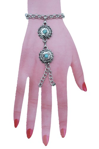 Women Silver Hand Chain Bracelet Ethnic Turquoise Blue Flowers Adjustable Size - Picture 7 of 12