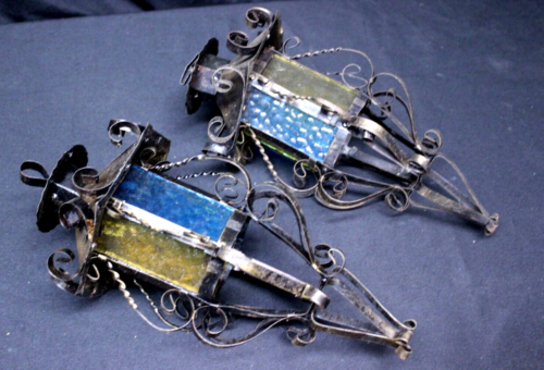 Pair of Vintage Gothic Spanish Revival Multicolor Hanging Light Fixture Lanterns