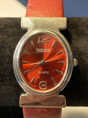 Terner Bijoux Red Red Band Oval Face Watch Silver Tone Classic New Battery