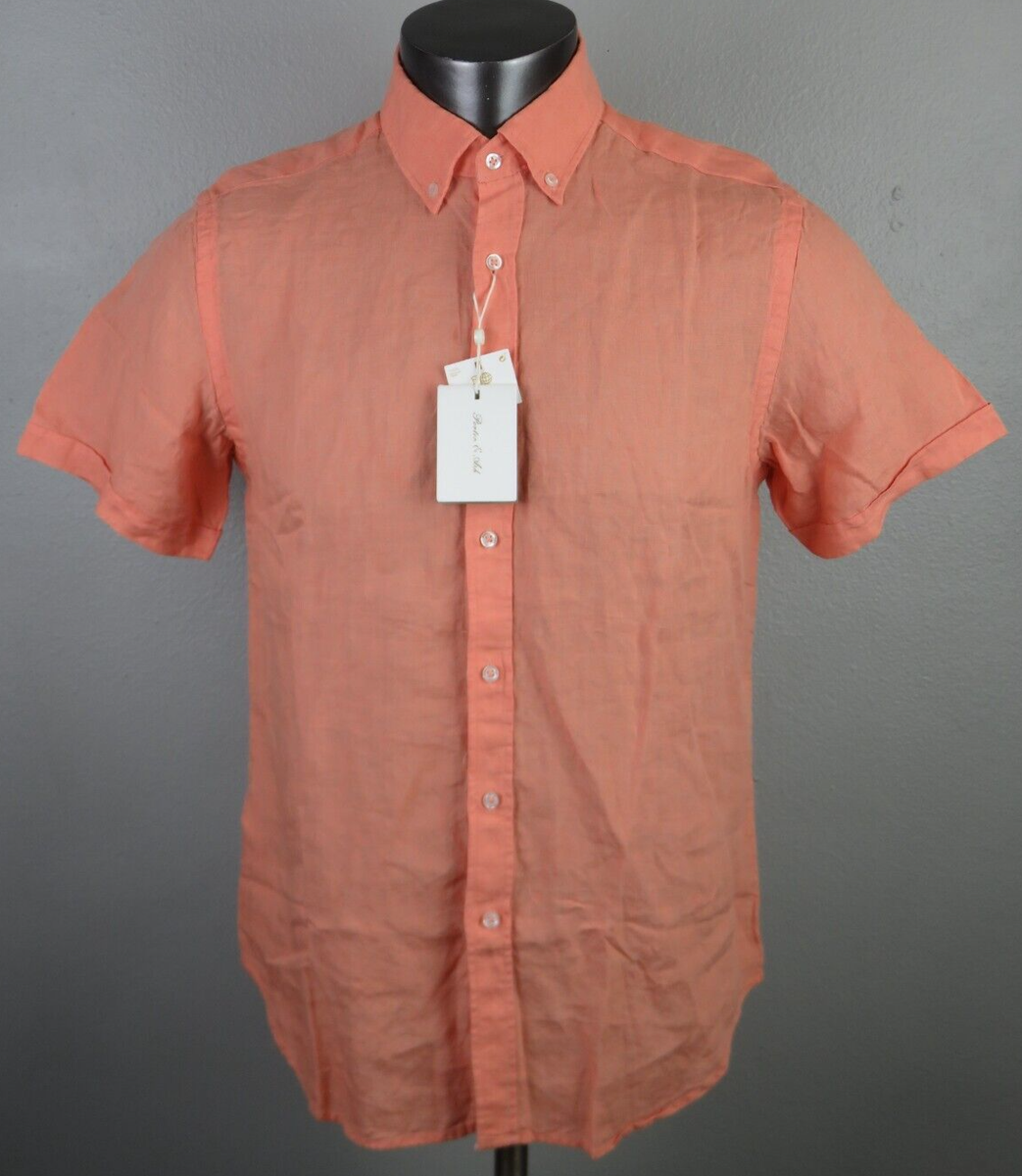 Mens Porter & Ash Short Sleeve Button Front Linen Shirt Orange