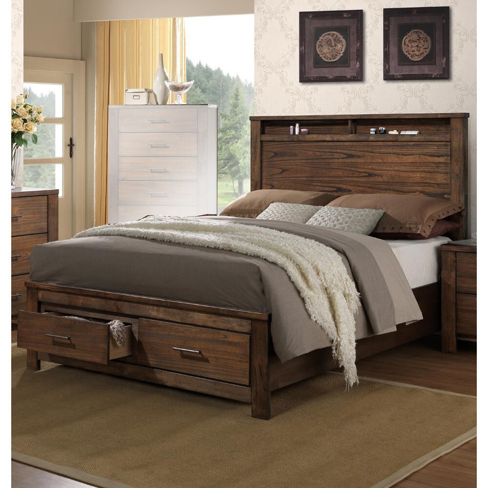 Benzara Enchanting Wooden Queen Bed With Display And Storage Drawers